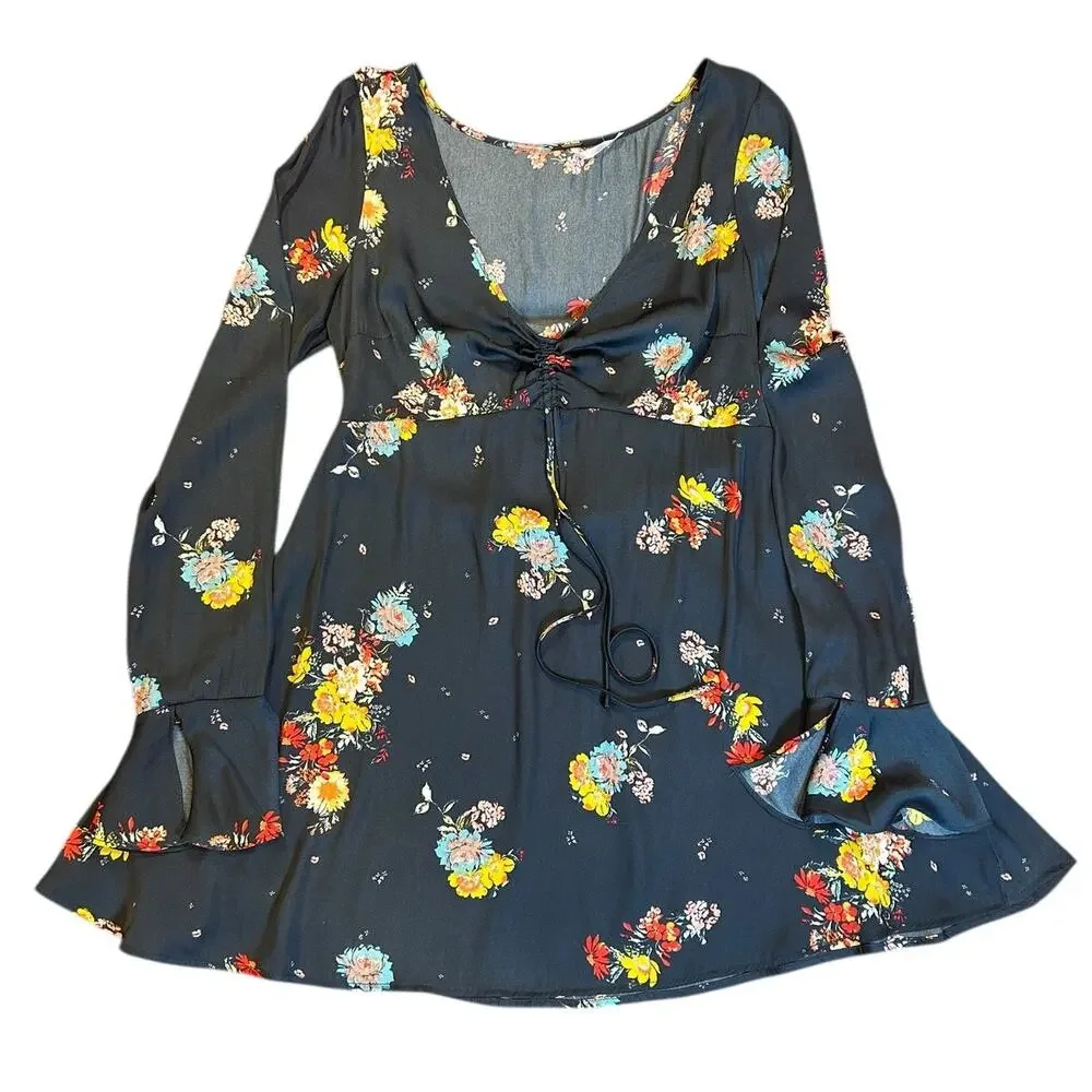 NWT FREE PEOPLE Midnight Dress Shift Silky Short Mini Floral Dress Women's Small